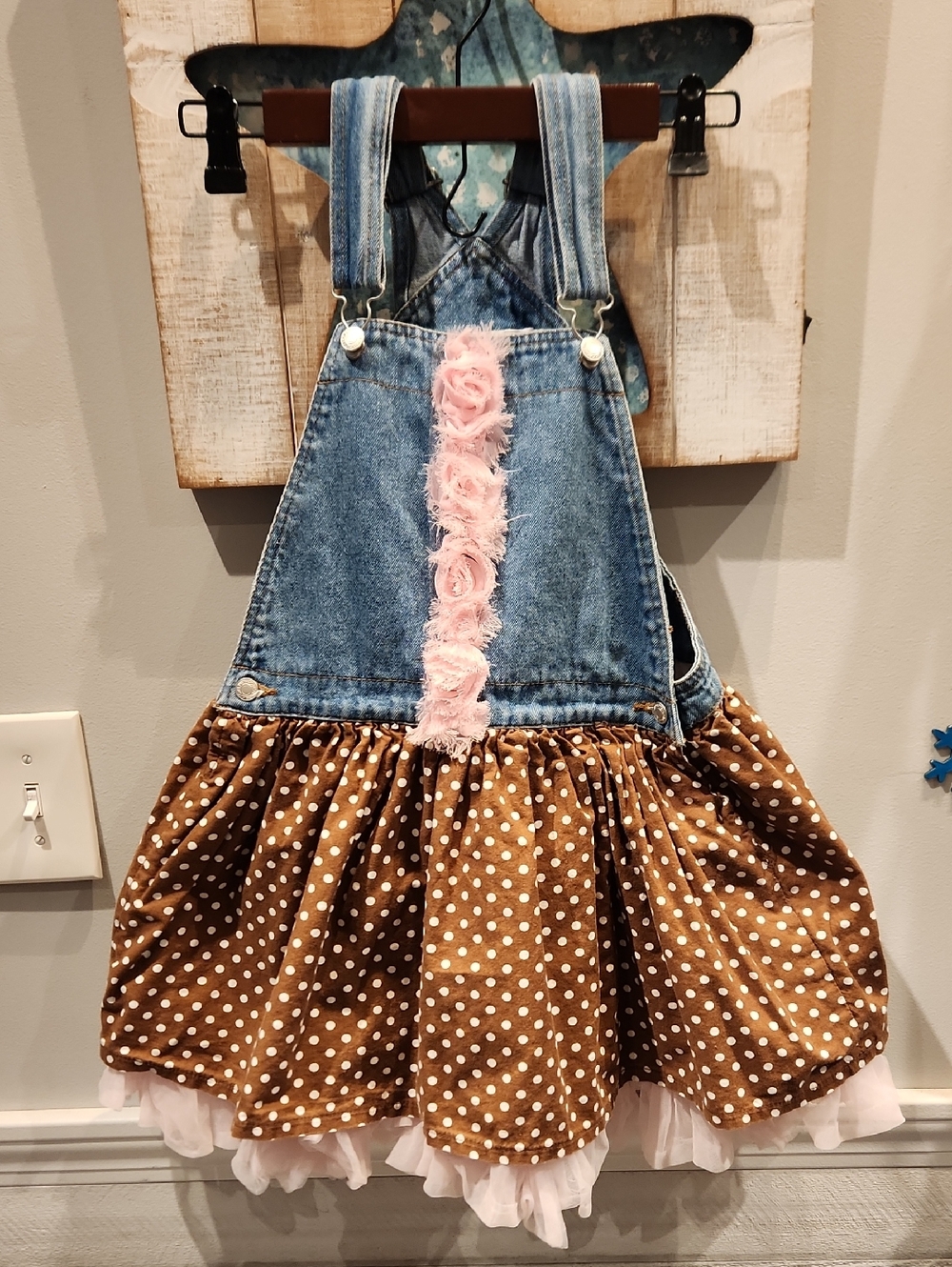 Greggy Girl Denim and Polka Dot Girls' Overall Dress with Pink Trim Sz 6X
